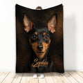 Miniature Pinscher blanket displayed upright with a close-up black-and-tan dog design