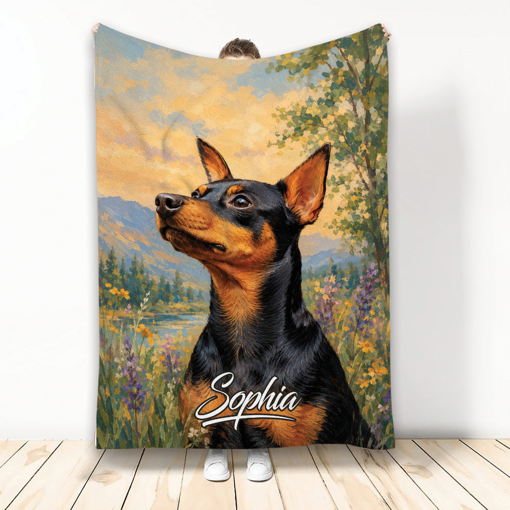 Miniature Pinscher blanket featuring black and tan dog artwork in a colorful mountain meadow scene