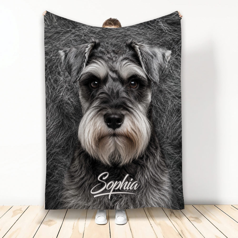 Miniature Schnauzer blanket displayed vertically with detailed grayscale dog artwork