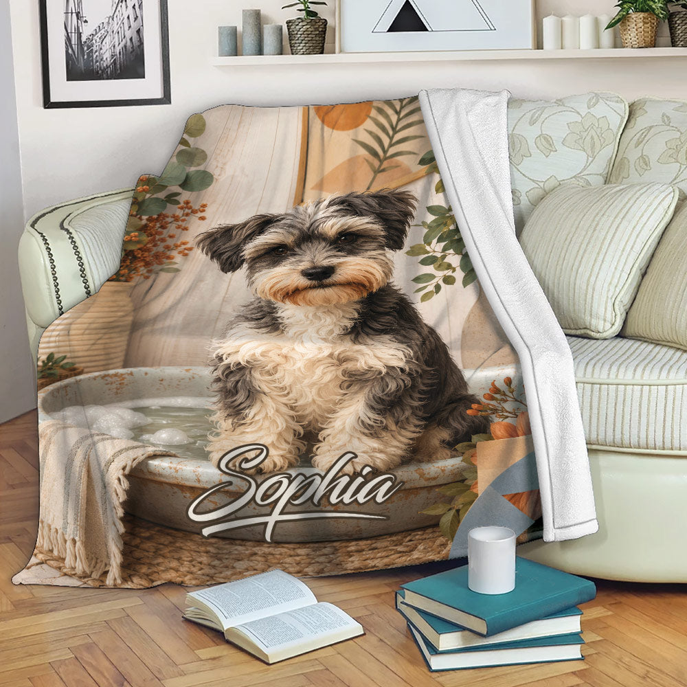 Miniature Schnauzer throw blanket styled on a sofa in a cozy living room