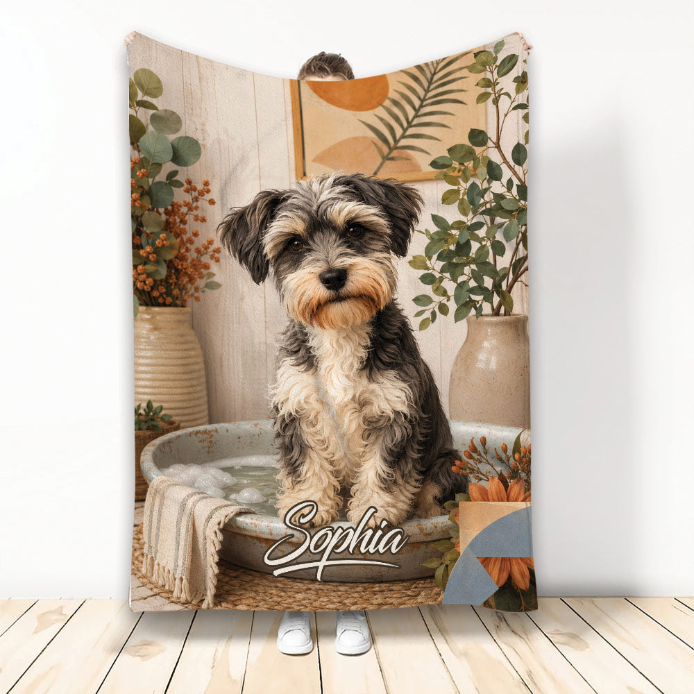 Miniature Schnauzer blanket displayed with botanical decor and warm rustic bathroom-inspired artwork