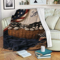 Miniature Schnauzer throw blanket displayed on a couch with four puppies, rustic wood, and patriotic flag details