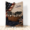 Patriotic Miniature Schnauzer blanket featuring four puppies in a wicker basket with American flag accents