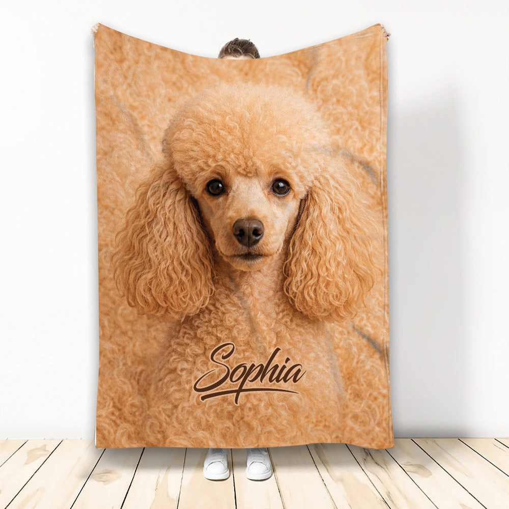 Poodle throw blanket featuring a curly apricot dog portrait in warm golden tones