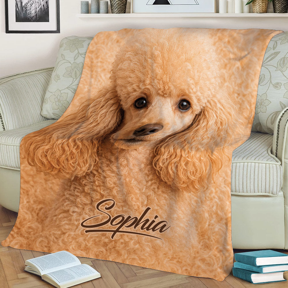 Curly poodle blanket draped over a sofa, showcasing warm apricot dog artwork
