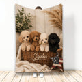Poodle throw blanket featuring four curly-coated puppies in a woven basket with warm neutral decor