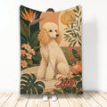 Poodle throw blanket with tropical botanical artwork, warm earth tones, flowers, and leafy jungle accents