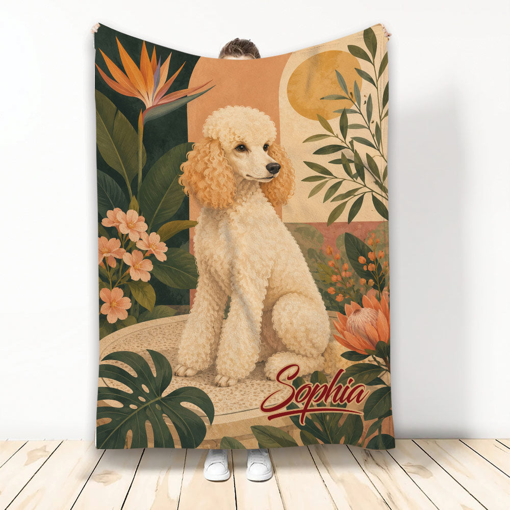 Poodle throw blanket with tropical botanical artwork, warm earth tones, flowers, and leafy jungle accents
