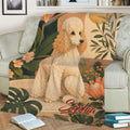 Poodle throw blanket displayed on a couch with lush botanical foliage, flowers, and an elegant tropical theme