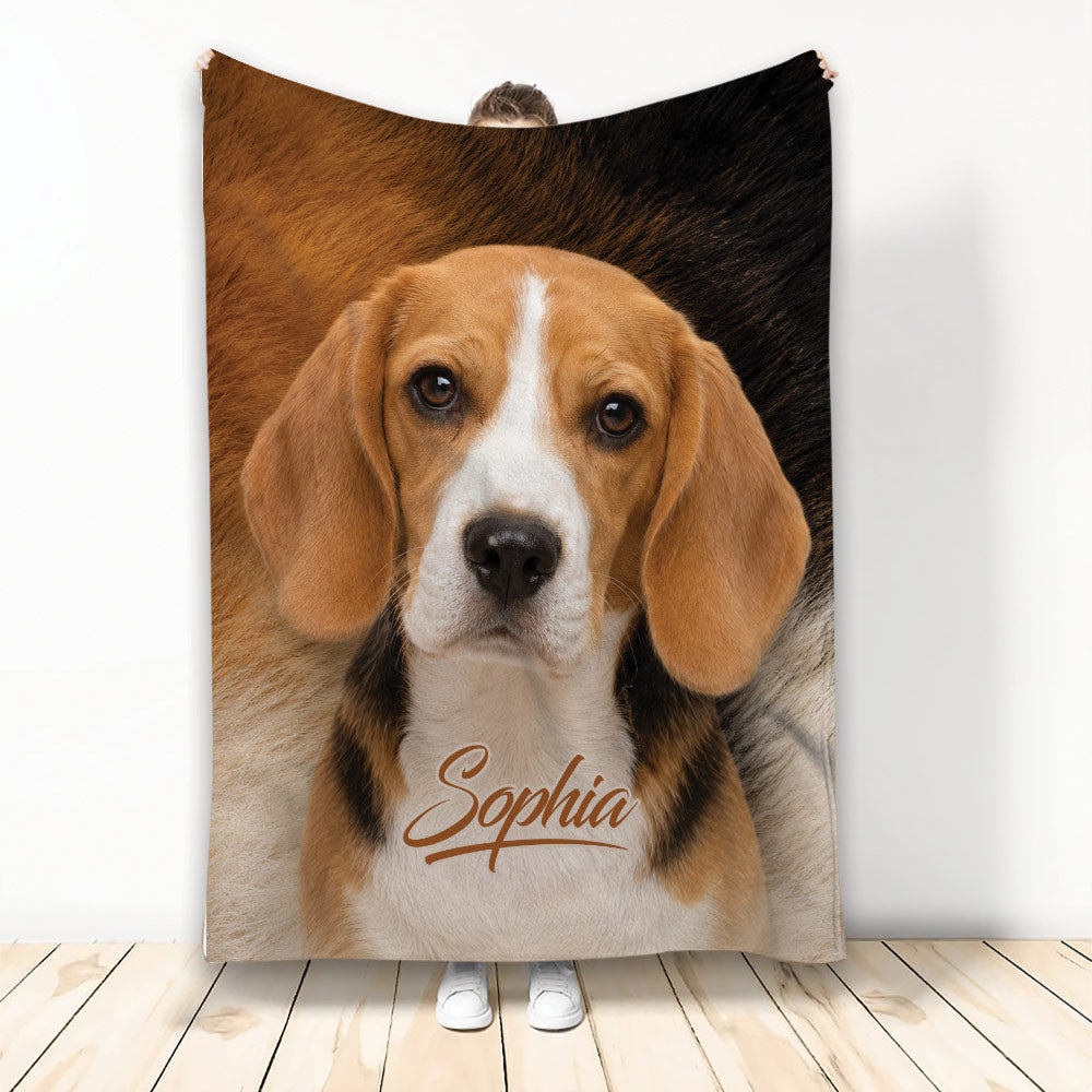 Beagle throw blanket displayed vertically with a realistic brown, black, and white dog design