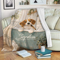 Beagle throw blanket draped over a sofa with cozy vintage bathroom artwork