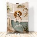 Beagle blanket displayed vertically with a dog relaxing in a vintage clawfoot bathtub scene