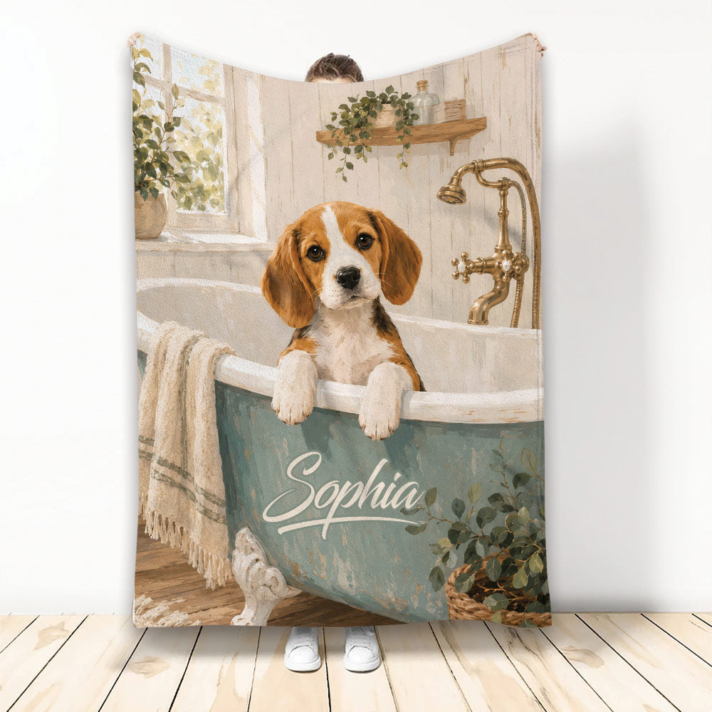 Beagle blanket displayed vertically with a dog relaxing in a vintage clawfoot bathtub scene