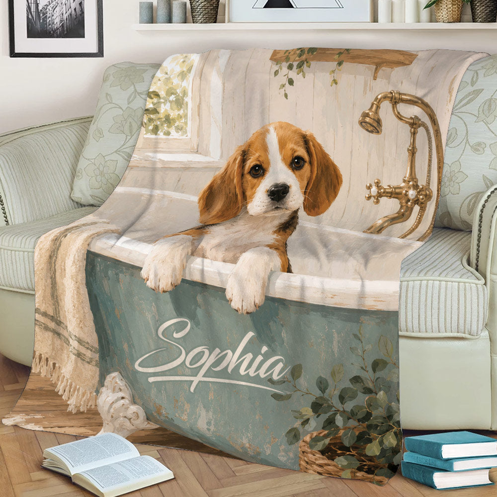 Beagle blanket spread across a sofa featuring a warm vintage bathtub illustration