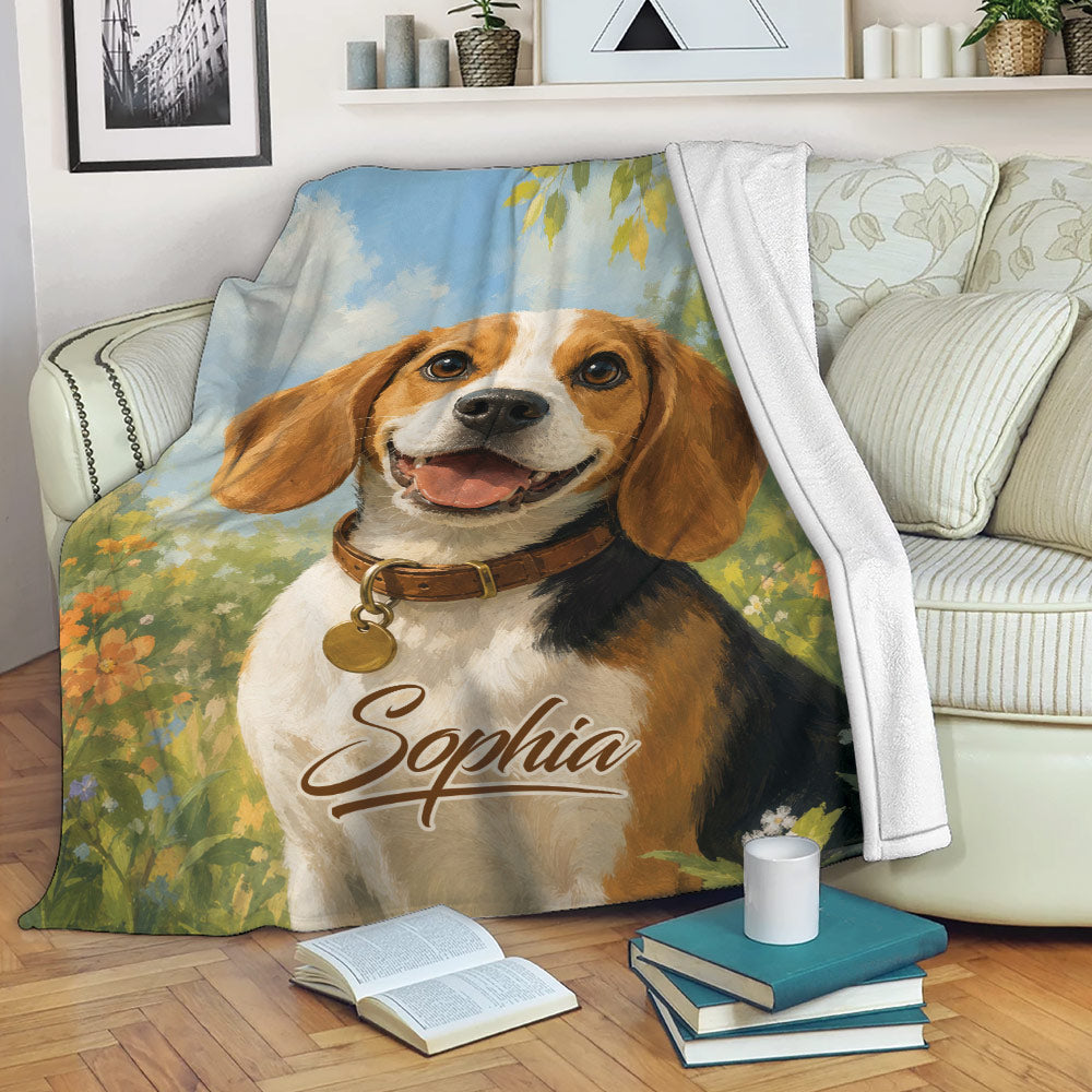 Custom Beagle blanket draped over a sofa with cheerful garden artwork and cozy reading decor