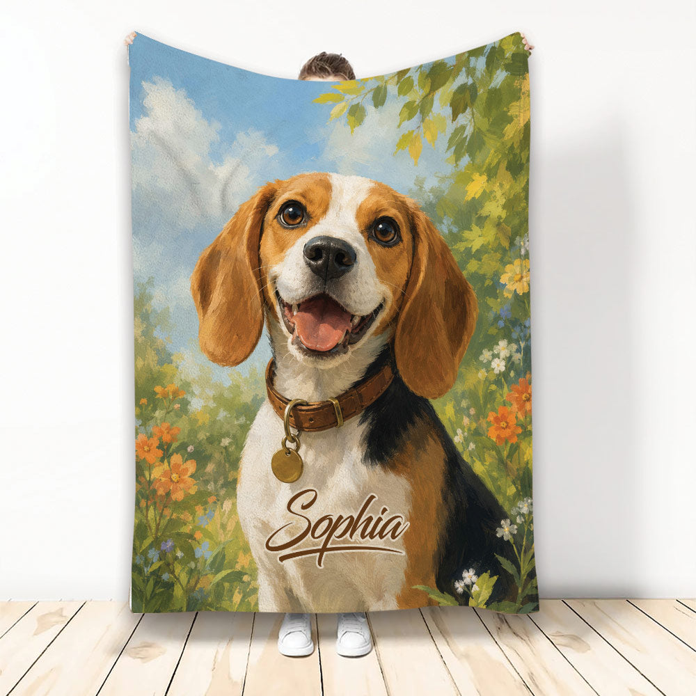 Beagle throw blanket featuring a joyful dog in a colorful wildflower garden scene