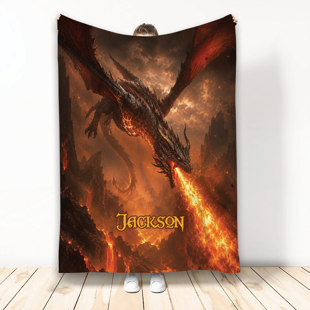 Fiery dragon throw blanket displayed with dramatic volcanic fantasy artwork