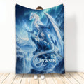 Blue ice dragon blanket displayed upright with a magical frozen mountain landscape
