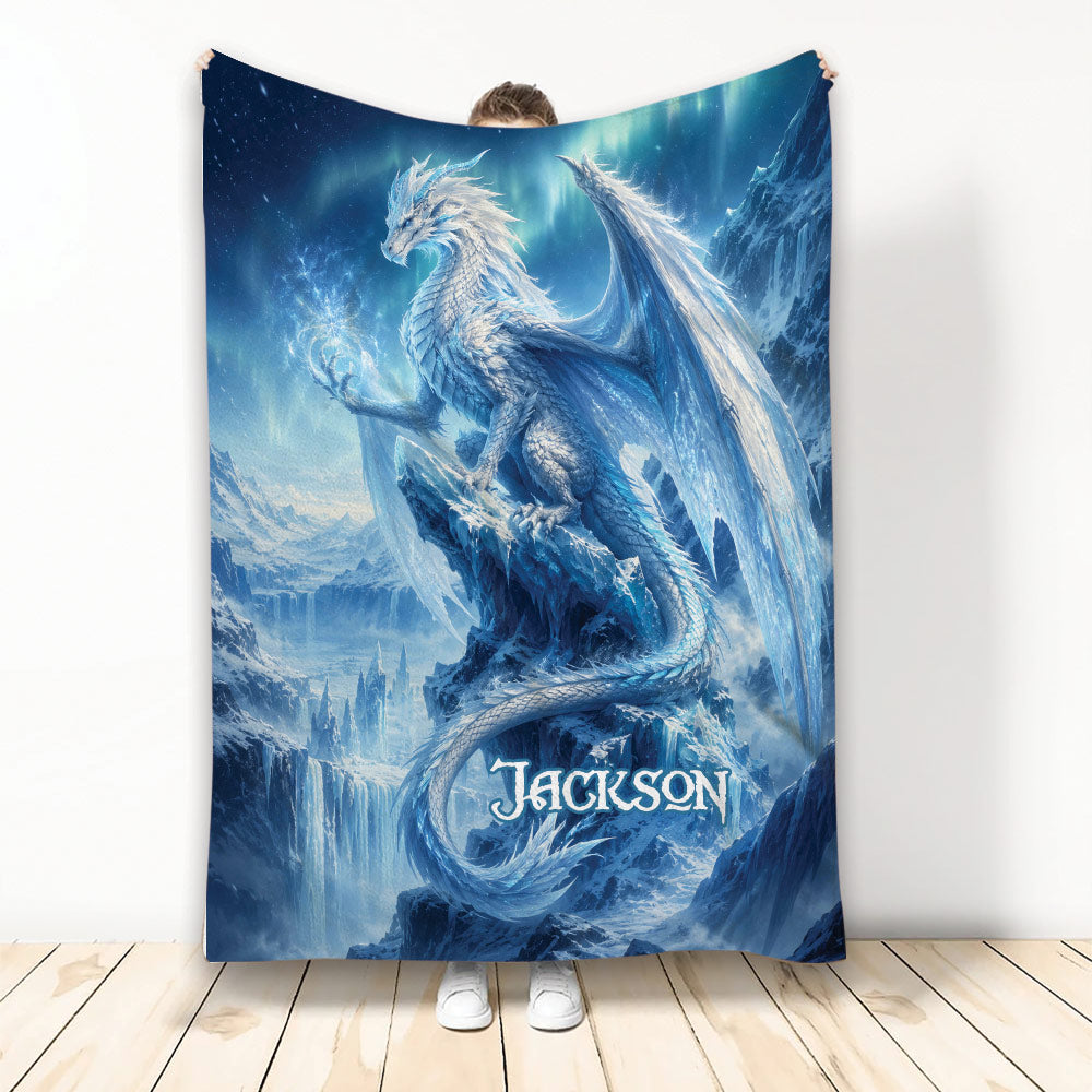 Blue ice dragon blanket displayed upright with a magical frozen mountain landscape