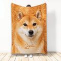 Shiba Inu throw blanket displayed upright with a close-up orange dog design