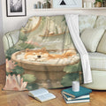 Shiba Inu throw blanket draped over a sofa with a peaceful bathhouse, lotus, and leafy design