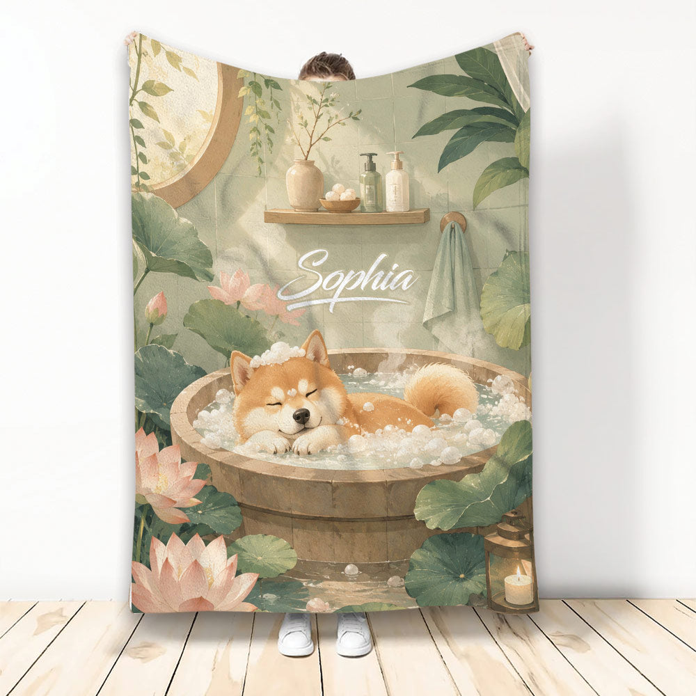 Shiba Inu blanket featuring a relaxed dog in a wooden bath surrounded by lotus flowers and greenery