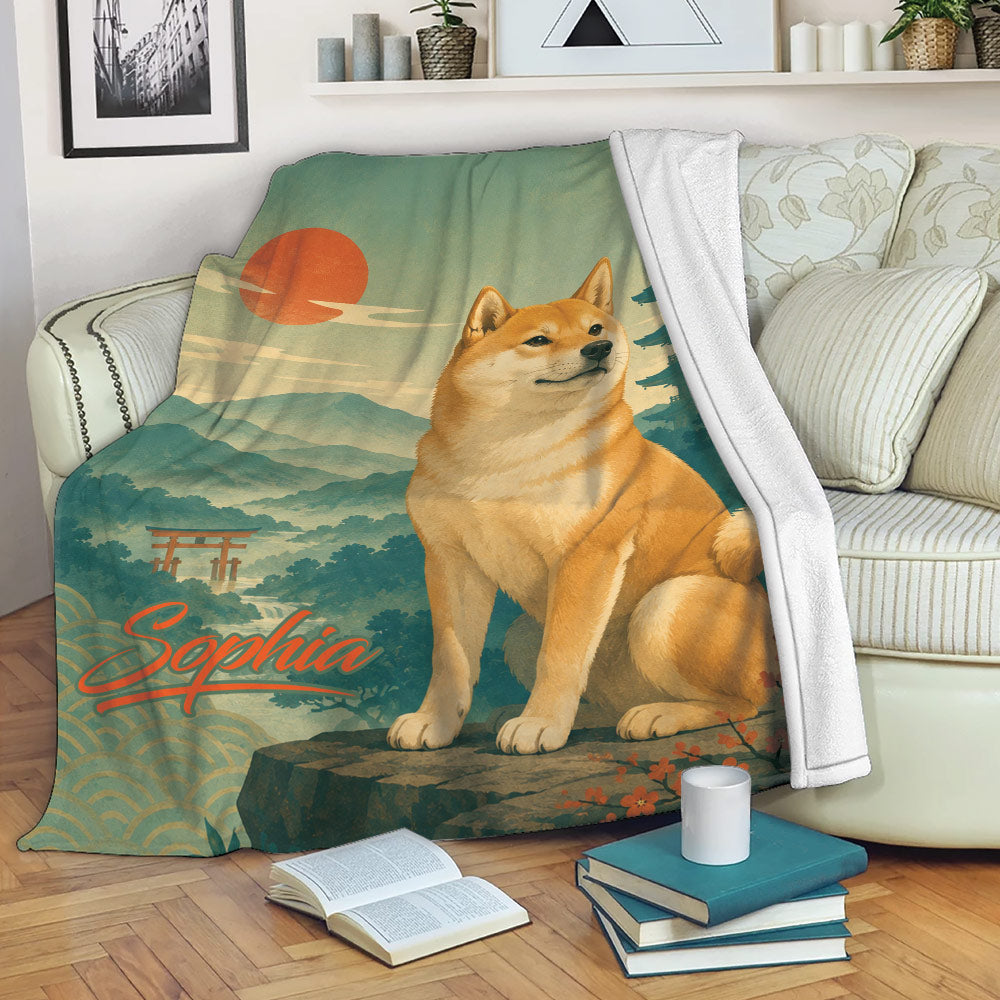 Shiba Inu throw blanket draped over a sofa with mountain, pagoda, and sunset landscape design
