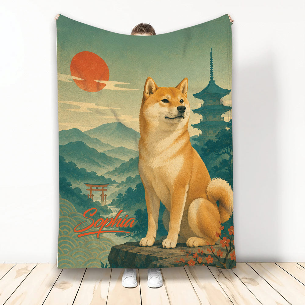 Shiba Inu blanket with Japanese-inspired mountain landscape, pagoda, torii gate, and warm sunset artwork
