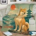 Shiba Inu couch blanket featuring scenic mountains, a pagoda, torii gate, and decorative floral details