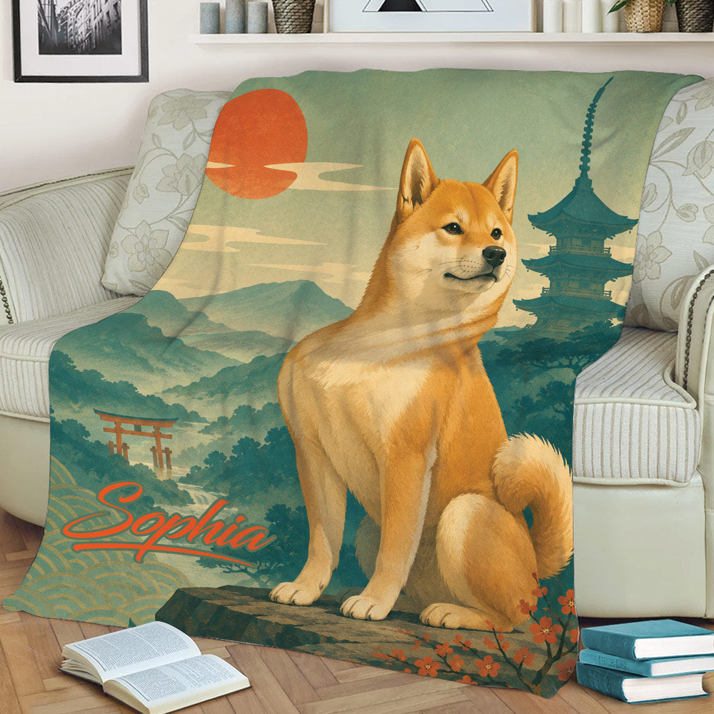 Shiba Inu couch blanket featuring scenic mountains, a pagoda, torii gate, and decorative floral details