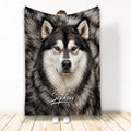 Alaskan Malamute throw blanket featuring a realistic black and white dog portrait in a cozy home setting