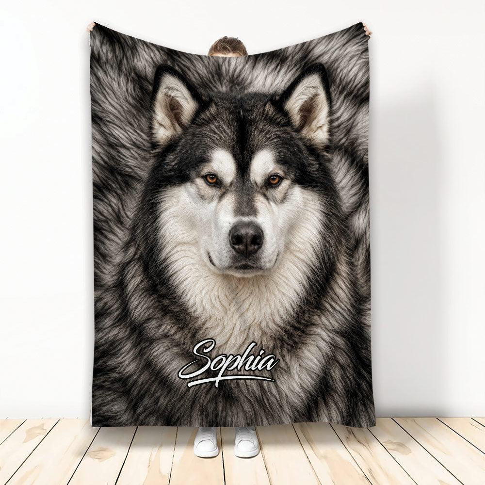 Alaskan Malamute throw blanket featuring a realistic black and white dog portrait in a cozy home setting