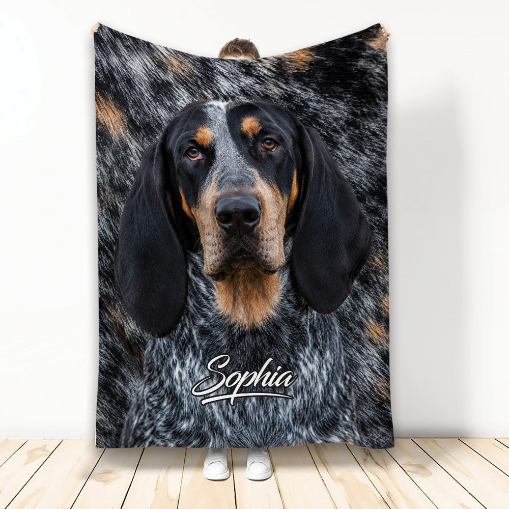 Bluetick Coonhound throw blanket with black, tan and blue-speckled hound artwork