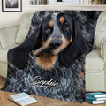 Close view of Bluetick Coonhound artwork on a couch throw blanket