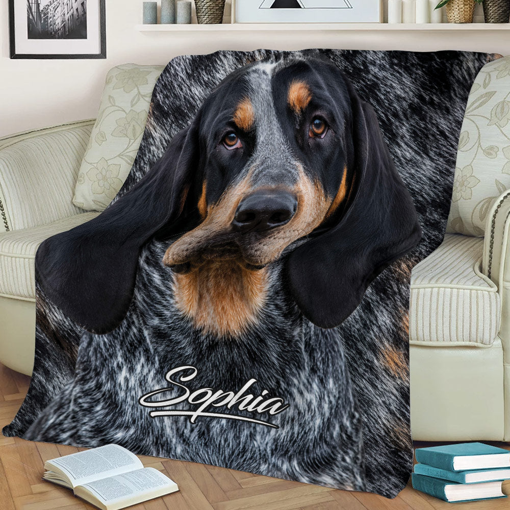 Close view of Bluetick Coonhound artwork on a couch throw blanket