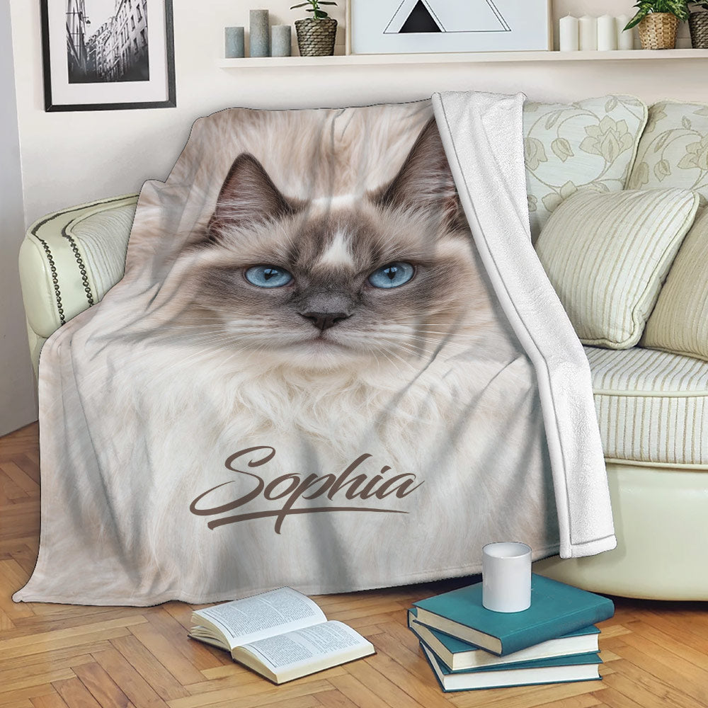 Ragdoll cat blanket draped over a sofa in a cozy living room setting