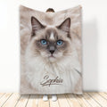 Ragdoll cat throw blanket with fluffy cream fur, blue eyes, and soft neutral artwork