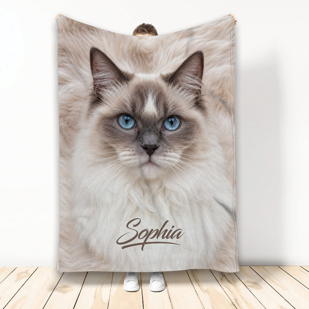 Ragdoll cat throw blanket with fluffy cream fur, blue eyes, and soft neutral artwork