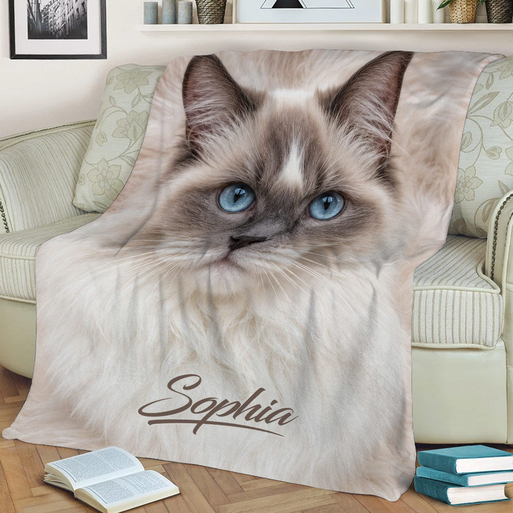 Close-up Ragdoll cat throw blanket displayed across a sofa with blue-eyed cat artwork