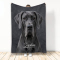 Great Dane throw blanket displayed upright with a realistic gray dog portrait on a dark background