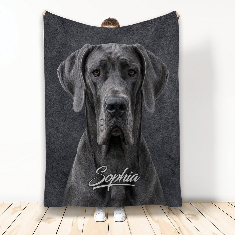 Great Dane throw blanket displayed upright with a realistic gray dog portrait on a dark background