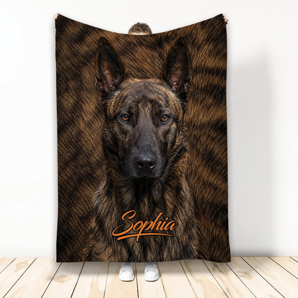 Brindle Dutch Shepherd throw blanket with close-up dog artwork in rich brown and black tones