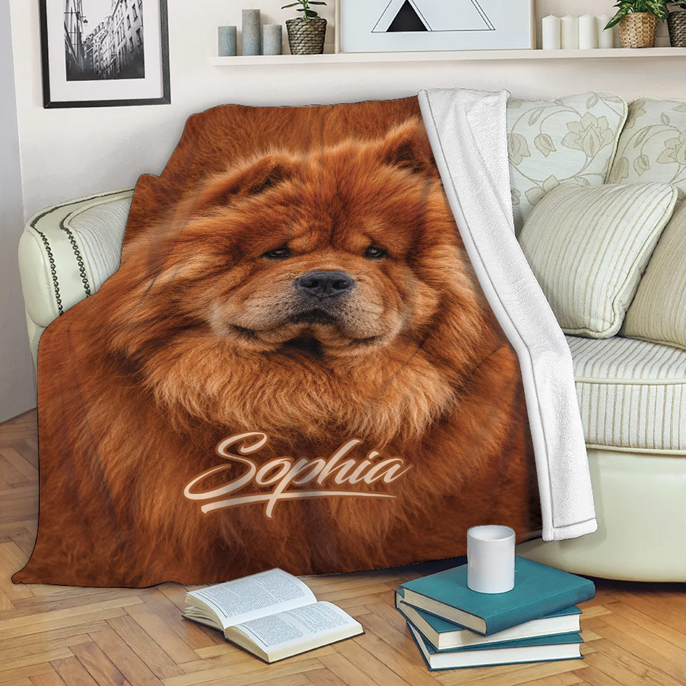 Chow Chow blanket draped over a sofa with a warm reddish-brown dog artwork