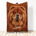 Chow Chow throw blanket displayed upright with a close-up fluffy reddish-brown dog design