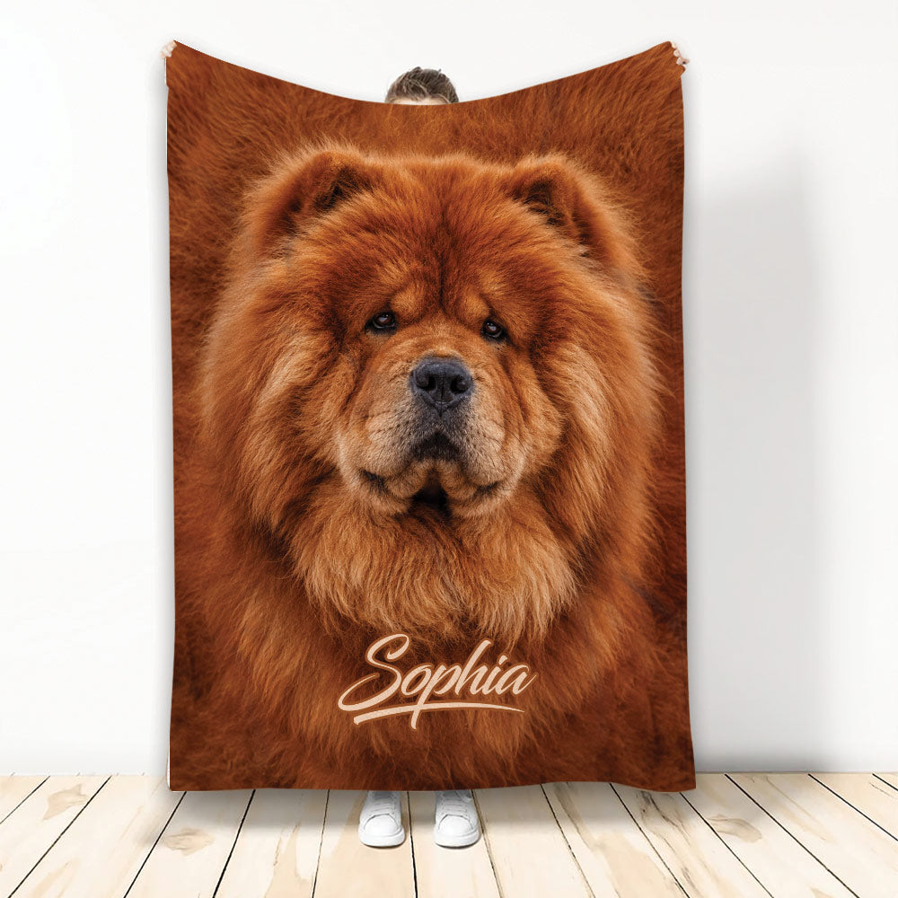 Chow Chow throw blanket displayed upright with a close-up fluffy reddish-brown dog design