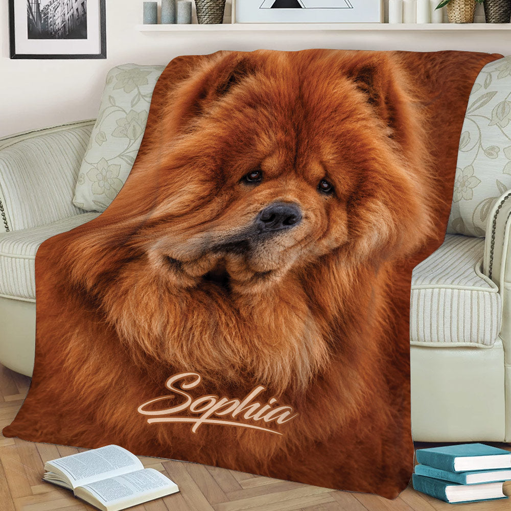 Chow Chow throw blanket styled across a couch with a detailed fluffy dog design
