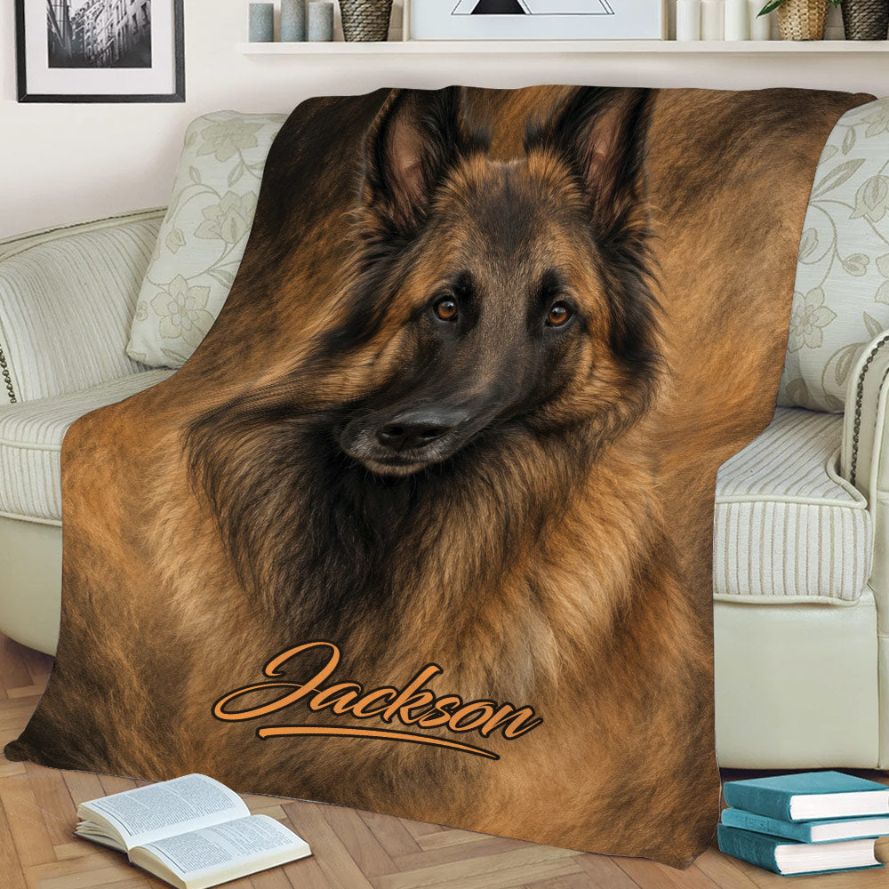 Belgian Shepherd throw blanket draped over a sofa, featuring detailed long-haired dog artwork