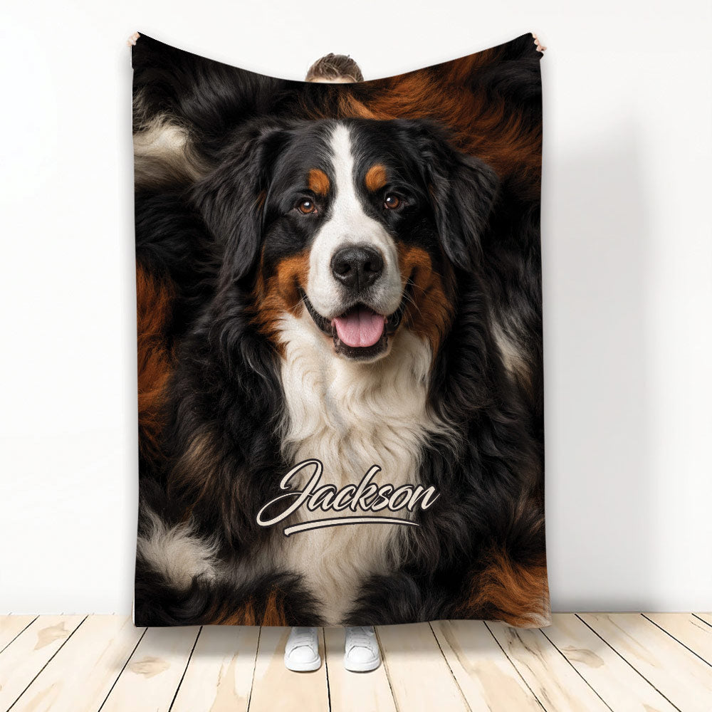 Bernese Mountain Dog throw blanket displayed upright with a close-up tricolor dog design
