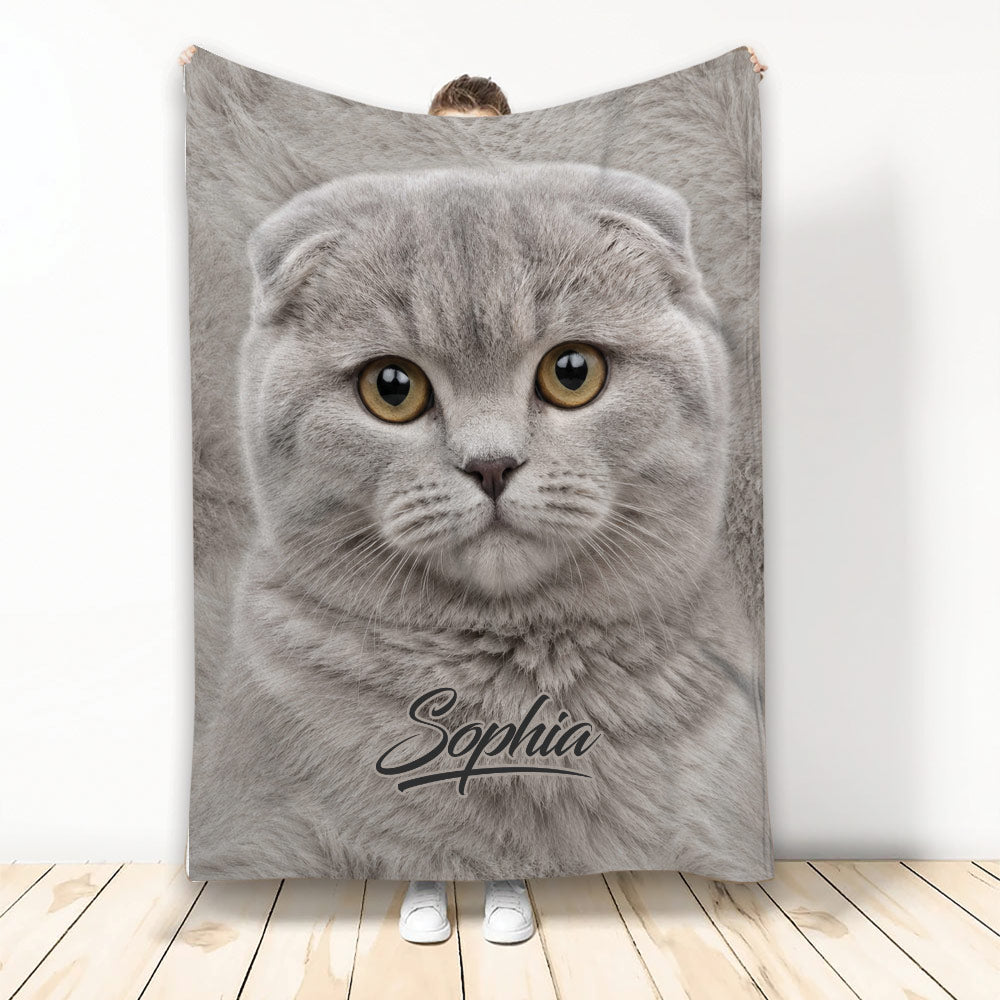 Scottish Fold cat throw blanket featuring a close-up gray cat design in a lifestyle display