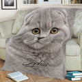 Scottish Fold cat throw blanket displayed on a sofa with detailed gray cat artwork